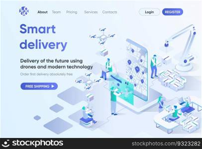 Smart delivery isometric landing page. Delivery by quadcopter, local shipping service, online tracking. Express delivery template for CMS and website builder. Isometry scene with people characters.