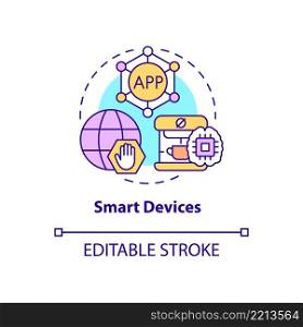 Smart devices concept icon. Innovative technology abstract idea thin line illustration. Personal electronics. Isolated outline drawing. Editable stroke. Arial, Myriad Pro-Bold fonts used. Smart devices concept icon