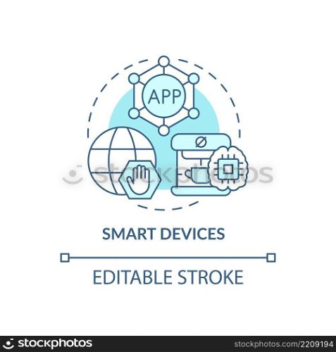 Smart devices turquoise concept icon. Innovative technology abstract idea thin line illustration. Home accessories. Isolated outline drawing. Editable stroke. Arial, Myriad Pro-Bold fonts used. Smart devices turquoise concept icon
