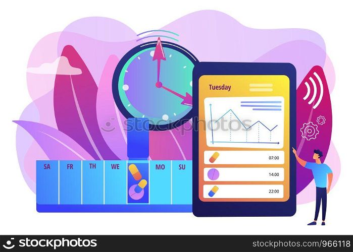 Smart, digital perscribed pill, remedy boxes. app controlled medication, medication minding device, set medication schedule concept. Bright vibrant violet vector isolated illustration. Smart pill boxes concept vector illustration