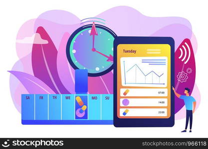 Smart, digital perscribed pill, remedy boxes. app controlled medication, medication minding device, set medication schedule concept. Bright vibrant violet vector isolated illustration. Smart pill boxes concept vector illustration