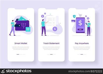 Smart digital wallet mobile app screens template. Illustrations for websites, landing pages, mobile applications, posters and banners