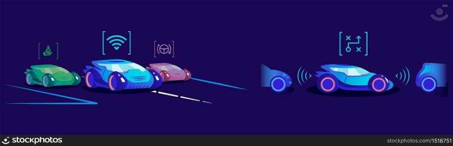 Smart driverless cars flat color vector illustration. Vehicles with different automation levels and driver assistance function on blue background. Automobiles with intelligent control systems