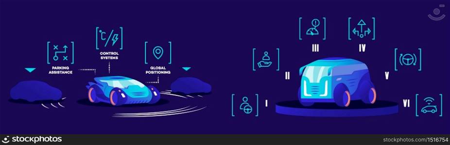 Smart driverless cars flat color vector illustrations. Autonomous automobiles with different automation levels and helping functions. Advances self driving vehicles on blue background