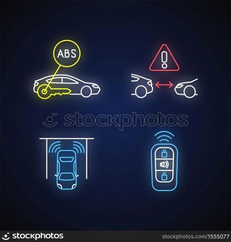 Smart driving safety systems neon light icons set. Signs with outer glowing effect. Anti lock system, cruise control, parking sensor, keyless entry. Vector isolated RGB color illustrations. Smart driving safety systems neon light icons set