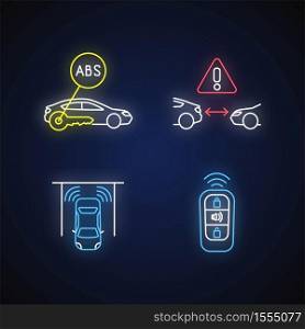 Smart driving safety systems neon light icons set. Signs with outer glowing effect. Anti lock system, cruise control, parking sensor, keyless entry. Vector isolated RGB color illustrations. Smart driving safety systems neon light icons set