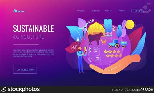 Smart eco farm, remote control smart technologies. Sustainable agriculture, farming in sustainable way, ecosystem oriented growing concept. Bright vibrant violet vector isolated illustration. Sustainable agriculture concept landing page.