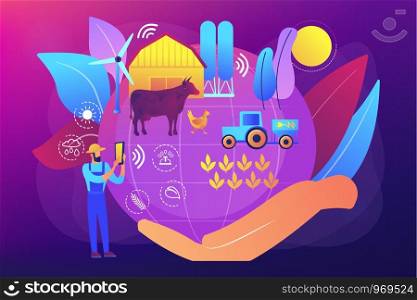 Smart eco farm, remote control smart technologies. Sustainable agriculture, farming in sustainable way, ecosystem oriented growing concept. Bright vibrant violet vector isolated illustration. Sustainable agriculture concept vector illustration.