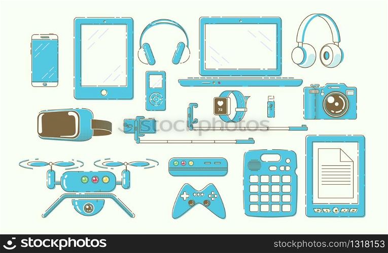 Smart Electronics, Digital Gadgets and Devices Line Art, Flat Vector Object, Icons Big Set Isolated on White Background. Modern Computer Technologies Bestsellers and Future Innovations Illustrations. Modern Smart Gadgets, Digital Devices Vector Set