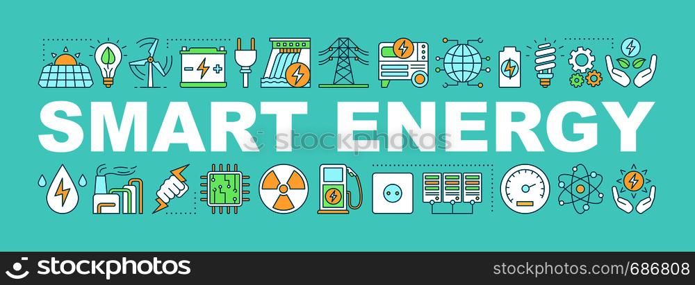 Smart energy word concepts banner. Alternative energy. Isolated lettering typography idea with linear icons. Renewable resource. Green technology. Vector outline illustration. Smart energy word concepts banner