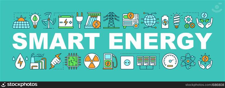 Smart energy word concepts banner. Alternative energy. Isolated lettering typography idea with linear icons. Renewable resource. Green technology. Vector outline illustration. Smart energy word concepts banner