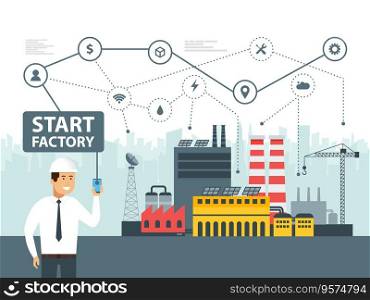 Smart factory and network icons engineer starting vector image