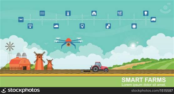 Smart farm and agricultural drones for control agricultural production, processing and logistic center for growing vegetables, vector illustration.
