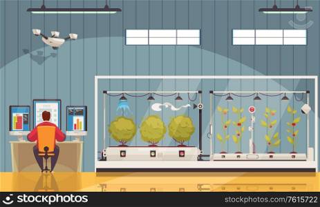 Smart farm composition with indoor view of farmstead building with plants in greenhouses and monitoring panel vector illustration