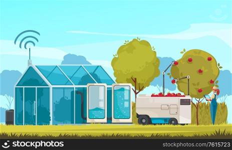 Smart farm composition with outdoor scenery and modern hothouse with wireless antenna and fruit gathering robots vector illustration