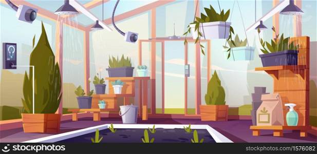 Smart farm, futuristic technologies in farming industry. Digital devices in greenhouse automatically control plants growing and watering, robotics agricultural automation, Cartoon vector illustration. Smart farm, futuristic technologies in farming