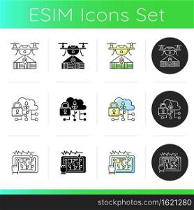 Smart farm icons set. Irrigation scheduling. Cloud computing. Drone mapping. Electronic system in agriculture. Silhouette symbols. Linear, black and RGB color styles. Isolated vector illustrations. Estimating planting time icons set
