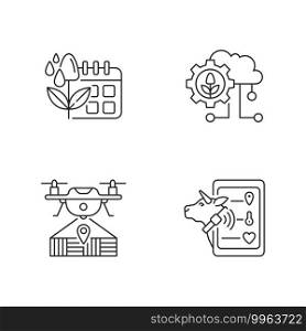 Smart farm linear icons set. Irrigation scheduling. Cloud computing. Drone mapping. Electronic system. Customizable thin line contour symbols. Isolated vector outline illustrations. Editable stroke. Smart farm linear icons set