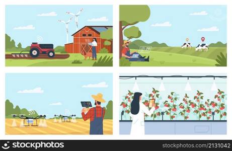 Smart farm people. Digital irrigation with quadcopters, agriculture innovation, farmers use gadgets, mobile management, modern technology, man and woman in countryside, vector cartoon isolated set. Smart farm people. Digital irrigation with quadcopters, agriculture innovation, farmers use gadgets, mobile management, modern technology, man and woman in countryside vector isolated set