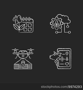 Smart farm RGB chalk white icons set on black background. Irrigation scheduling. Cloud computing. Drone mapping. Electronic system in agriculture. Isolated vector chalkboard illustrations. Smart farm RGB chalk white icons set on black background