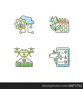 Smart farm RGB color icons set. Irrigation scheduling. Cloud computing. Drone mapping. Electronic system in agriculture. Isolated vector illustrations. Smart farm RGB color icons set