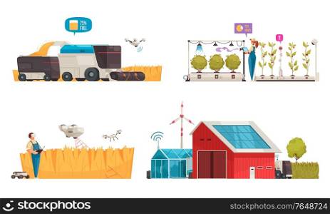 Smart farm set with isolated compositions of automated vehicles and modern farming solutions with clean energy vector illustration