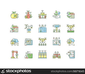 Smart farm system RGB color icons set. Innovation technology. Industry automatization. Digital agrotechnology. Isolated vector illustrations. Smart farm system RGB color icons set