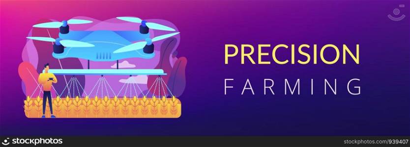 Smart farmer controlling agriculture drone spraying or watering crops. Agriculture drone use, precision farming, new agriculture trend concept. Header or footer banner template with copy space.. Agriculture drone use concept banner header.