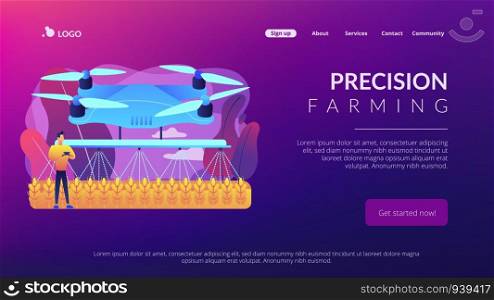 Smart farmer controlling agriculture drone spraying or watering crops. Agriculture drone use, precision farming, new agriculture trend concept. Website vibrant violet landing web page template.. Agriculture drone use concept landing page.