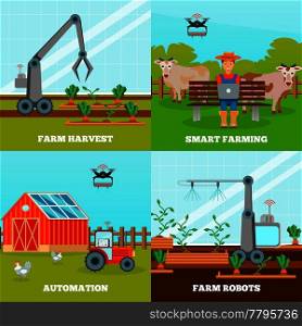 Smart farming 2x2 design concept with farm robots for growing vegetables and harvesting with wireless control flat vector illustration. Smart Farming 2x2 Design Concept