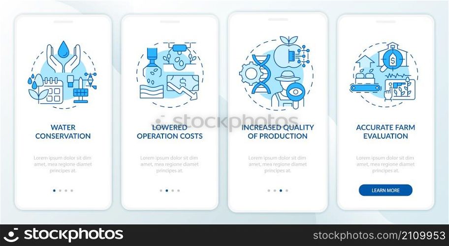 Smart farming advantages blue onboarding mobile app screen. Walkthrough 4 steps graphic instructions pages with linear concepts. UI, UX, GUI template. Myriad Pro-Bold, Regular fonts used. Smart farming advantages blue onboarding mobile app screen