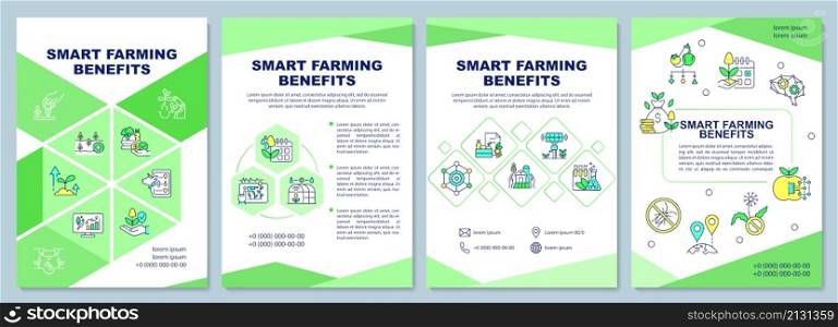 Smart farming benefits brochure template. Increased production. Booklet print design with linear icons. Vector layouts for presentation, annual reports, ads. Arial-Black, Myriad Pro-Regular fonts used. Smart farming benefits brochure template
