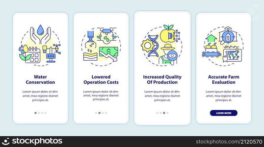 Smart farming benefits onboarding mobile app screen. Water conservation walkthrough 4 steps graphic instructions pages with linear concepts. UI, UX, GUI template. Myriad Pro-Bold, Regular fonts used. Smart farming benefits onboarding mobile app screen