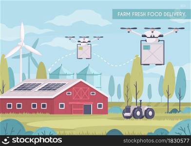 Smart farming cartoon composition with images of flying drones carrying parcels with food out of barn vector illustration. Fresh Food Delivery Composition