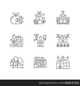 Smart farming linear icons set. Internet of food. Maximum productivity. Agricultural industry management. Customizable thin line contour symbols. Isolated vector outline illustrations. Editable stroke. Smart farming linear icons set