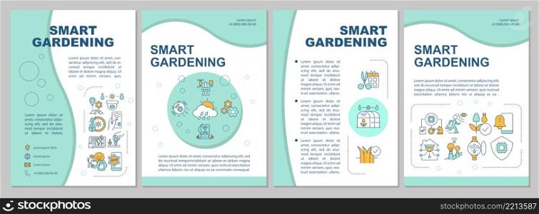 Smart farming mint brochure template. Easy gardening solutions. Leaflet design with linear icons. 4 vector layouts for presentation, annual reports. Arial, Myriad Pro-Regular fonts used. Smart farming mint brochure template