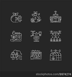 Smart farming RGB chalk white icons set on black background. Internet of food. Maximum productivity. Agricultural industry management. Isolated vector chalkboard illustrations. Smart farming RGB chalk white icons set on black background