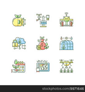 Smart farming RGB color icons set. Internet of food. Maximum productivity. Agricultural industry management. Isolated vector illustrations. Smart farming RGB color icons set