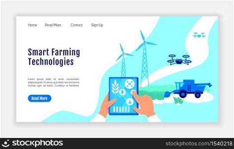 Smart farming technologies landing page flat color vector template. Greenhouse homepage layout. Farming one page website interface with cartoon illustration. Digital agriculture web banner, webpage. Smart farming technologies landing page flat color vector template