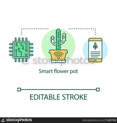 Smart flower pot concept icon. Hi tech flowerpot connected with smartphone. Plant pot with sensor. Home automation system idea thin line illustration. Vector isolated outline drawing. Editable stroke