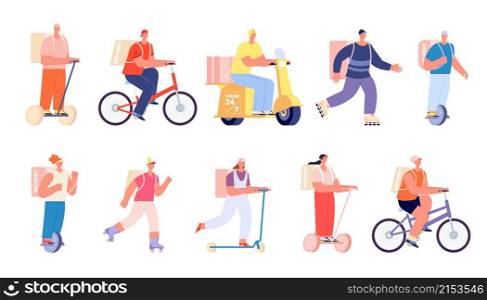 Smart food delivery. Courier on bike, man woman working in shipping. Online logistic service characters, people riding transport vector set. Courier delivery service, bike deliver illustration. Smart food delivery. Courier on bike, man woman working in shipping. Online logistic service characters, isolated people riding transport utter vector set