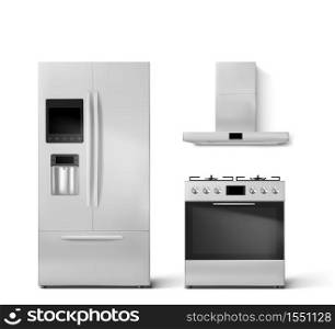 Smart fridge, gas oven and hood kitchen appliances. Two-chambered refrigerator with wifi, digital display and dispenser for water, stove front view isolated on white background realistic 3d vector set. Smart fridge, gas oven and hood kitchen appliances