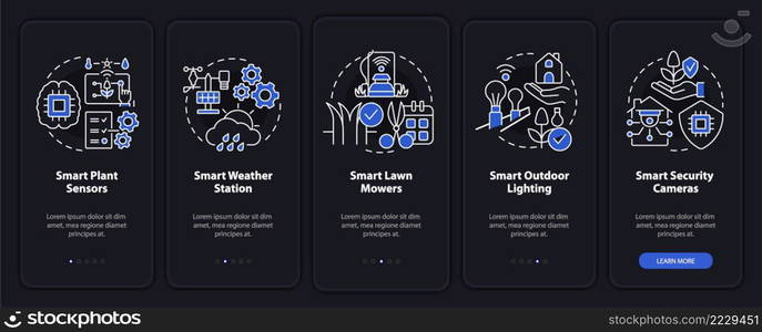 Smart gadgets for farmers night mode onboarding mobile app screen. Walkthrough 5 steps graphic instructions pages with linear concepts. UI, UX, GUI template. Myriad Pro-Bold, Regular fonts used. Smart gadgets for farmers night mode onboarding mobile app screen