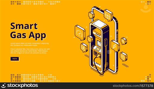 Smart gas app banner. Digital service for control of fuel in car. Vector landing page of mobile phone application for refilling automotive by petrol or gas with isometric illustration of smartphone. Vector landing page smart gas app