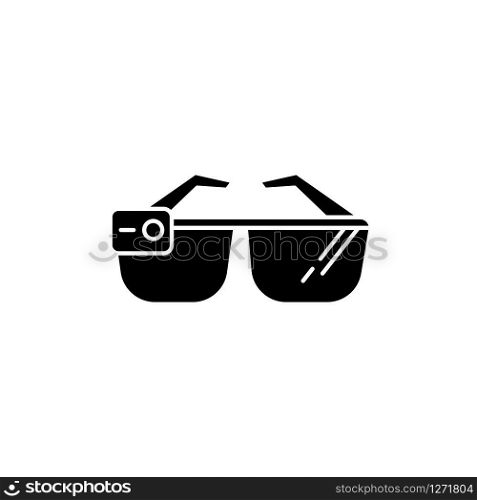 Smart glasses black glyph icon. Smartglasses. Wearable computer optical gadget. Augmented reality technology. Monitoring. Mobile device. Silhouette symbol on white space. Vector isolated illustration