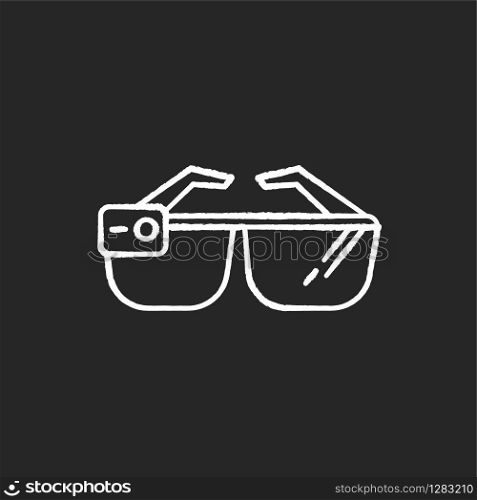 Smart glasses chalk white icon on black background. Smartglasses. Wearable computer optical gadget. Augmented reality technology. Monitoring. Mobile device. Isolated vector chalkboard illustration
