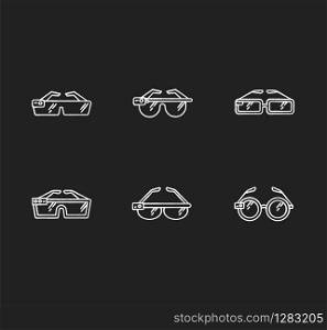 Smart glasses chalk white icons set on black background. Smartglasses. Wearable optical gadgets. Augmented reality technology. Monitoring. Mobile devices. Isolated vector chalkboard illustrations
