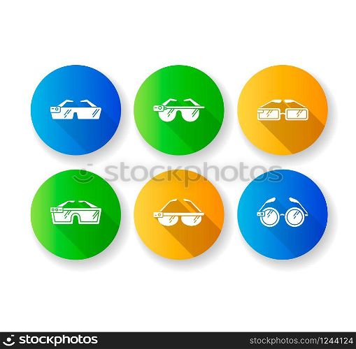 Smart glasses flat design long shadow glyph icons set. Smartglasses. Wearable computer optical gadgets. Augmented reality technology. Monitoring. Mobile devices. Silhouette RGB color illustration
