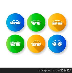 Smart glasses flat design long shadow glyph icons set. Smartglasses. Wearable computer optical gadgets. Augmented reality technology. Monitoring. Mobile devices. Silhouette RGB color illustration