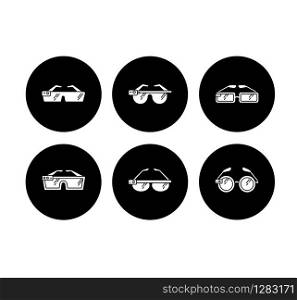 Smart glasses glyph icons set. Smartglasses. Wearable optical gadgets. Augmented reality technology. Monitoring. Mobile devices. Digital tools. Vector white silhouettes illustrations in black circles